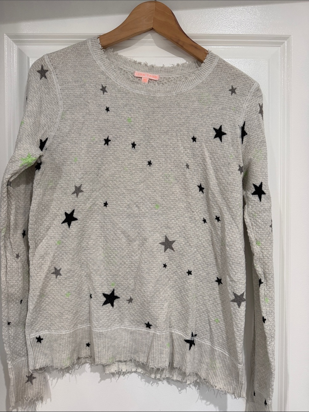 Lisa Todd Light Gray Star Print Sweater with Neon Green Accents